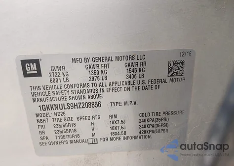 2017 GMC Acadia Slt-1 from USA, damaged, VIN 1GKKNULS9HZ208856
